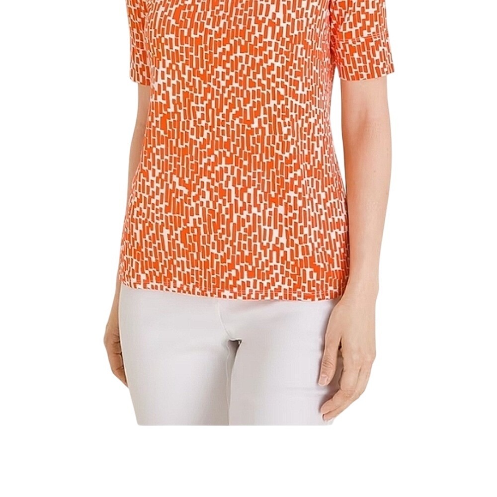Chico's 3 Orange‎ White Print Short Sleeve V Neck Top Blouse beach coastal comfy